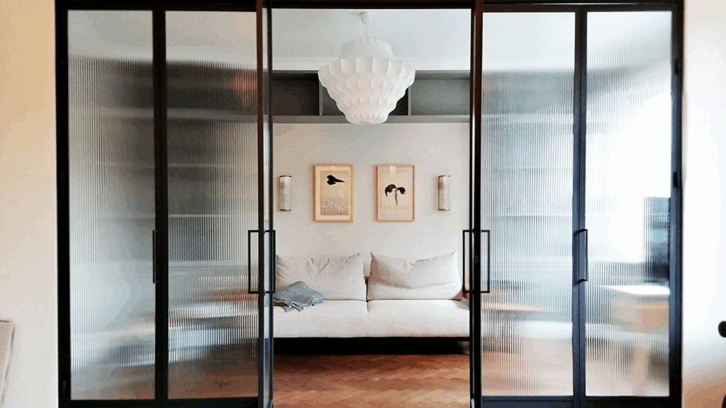 Drzwi loftowe harmonijkowe z ornamentowym szkłem GDEL